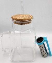 12oz tea glass cup with wooden top and straw